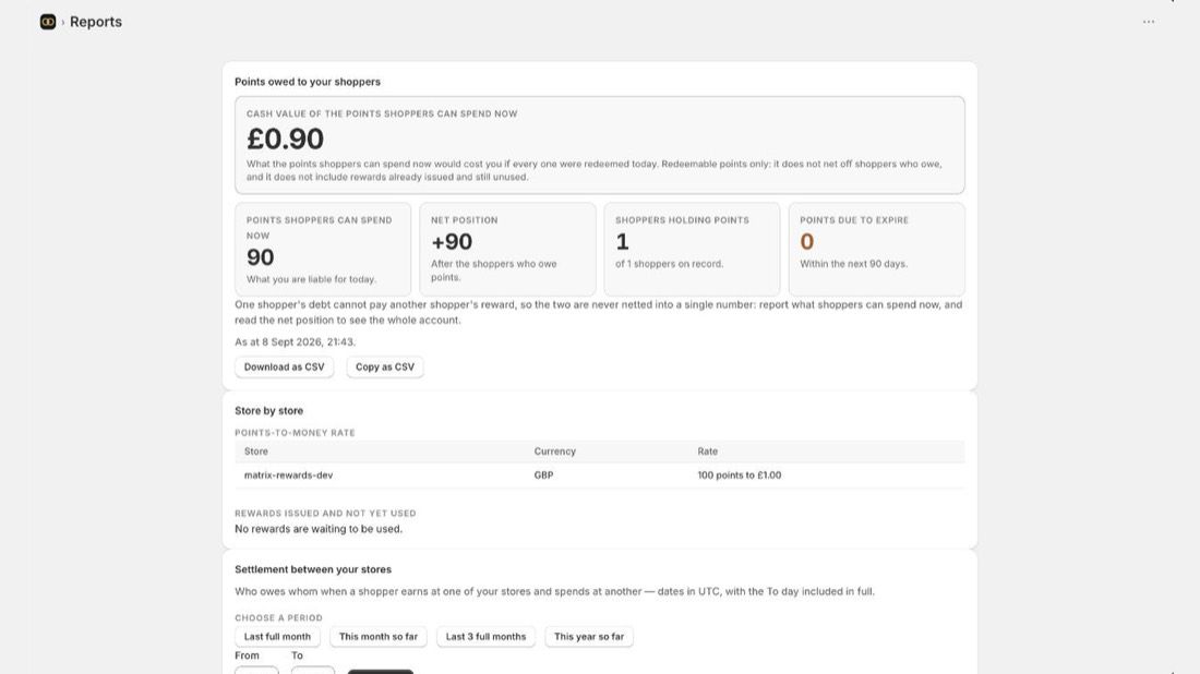 Matrix Rewards Reports screen: outstanding points and their cash value