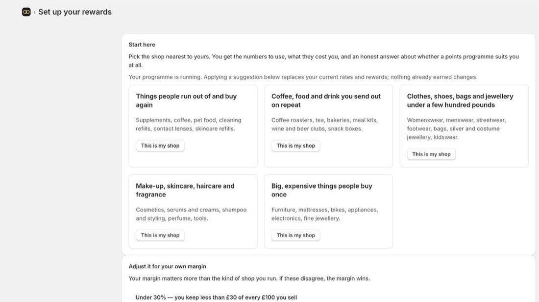 Matrix Rewards Set up screen: suggested rates and rewards with the reasoning
