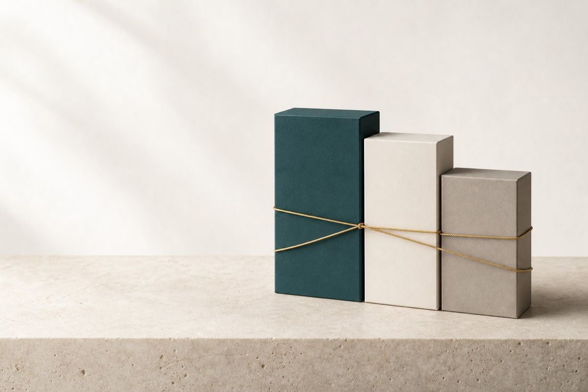 Three boxes in teal, off-white and stone, tied together with one gold cord