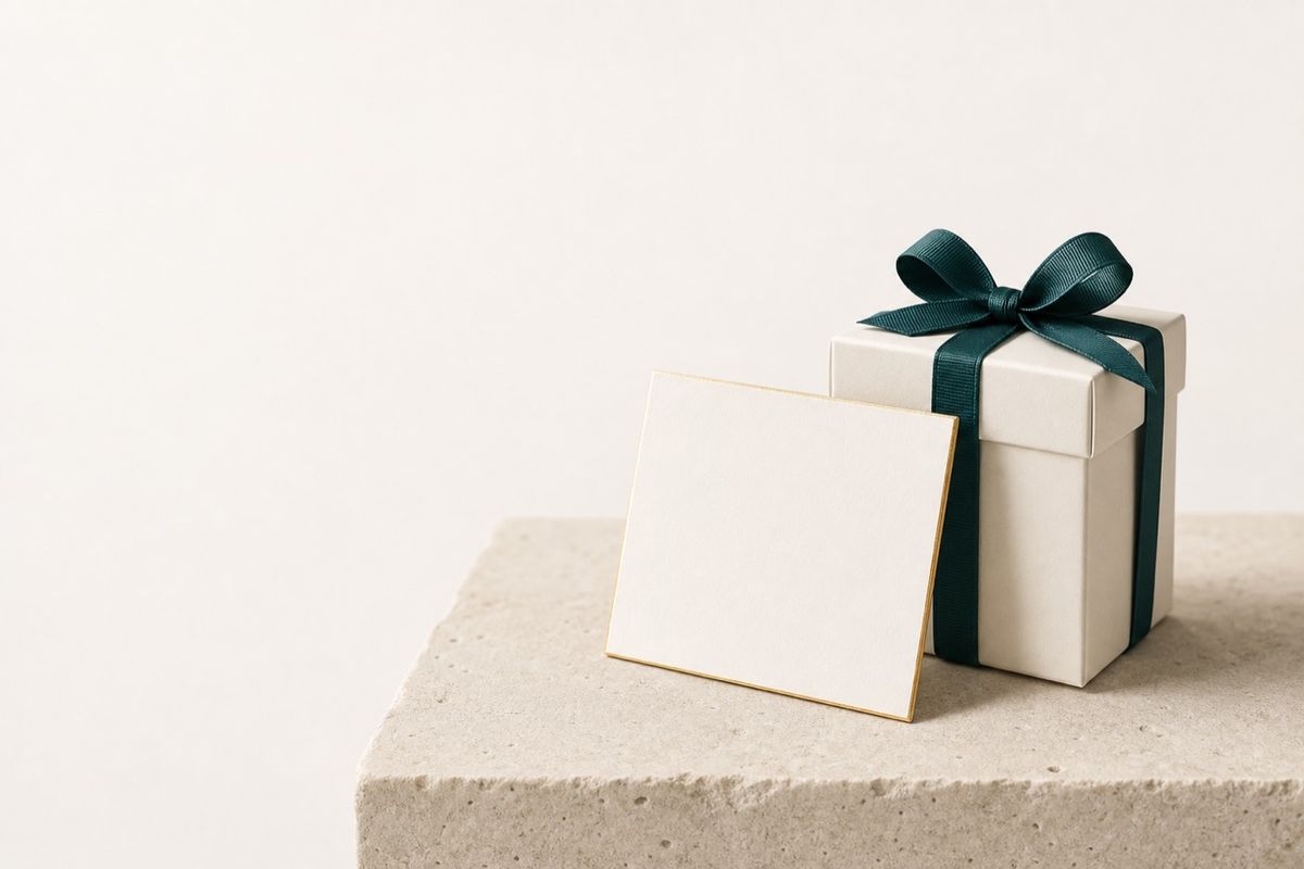 A gift box with a teal ribbon and a gold-edged card on a stone plinth