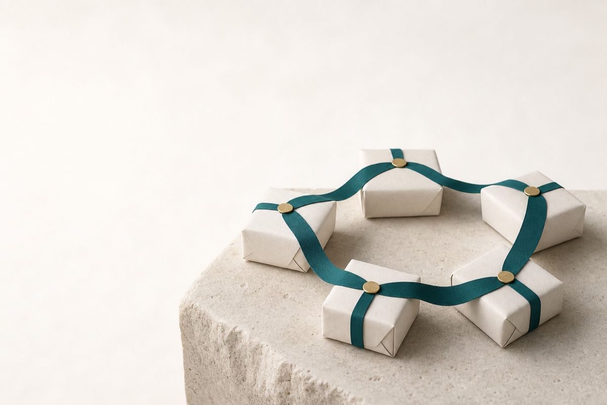 Cream parcels laid in a ring and joined by one teal ribbon, each crossing held with a gold seal